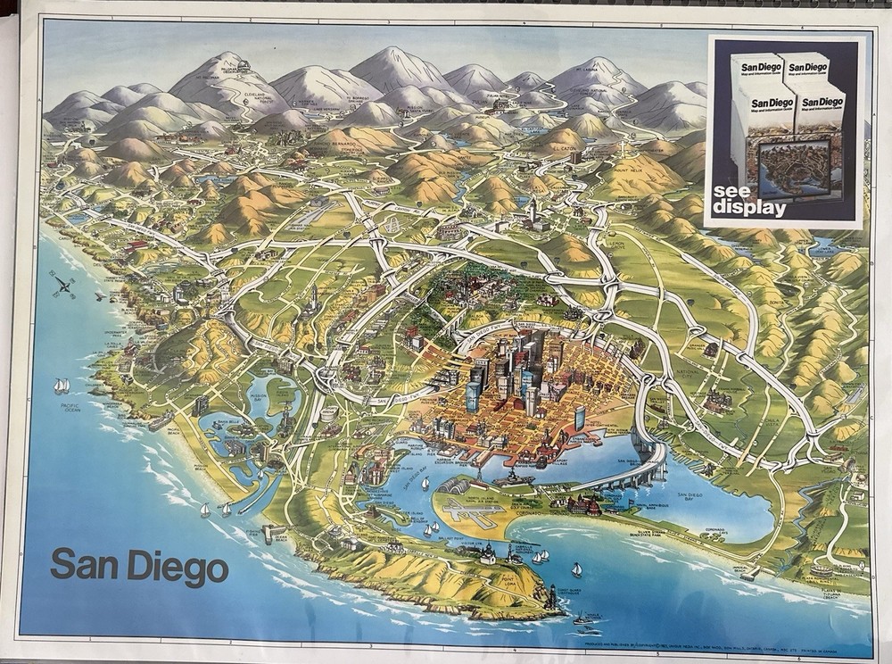 Vintage 1983 San Diego California Pictorial Map Unique Media Bird’s Eye 26×18