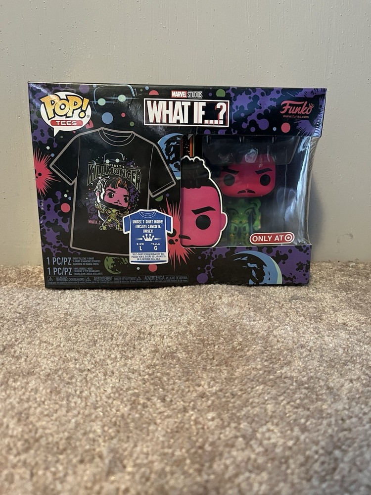 Funko Pop Marvel 989 What If Infinity Killmonger BlackLight T-Shirt Bundle Large