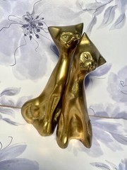 Solid Brass Vintage Mid-Century Sitting Cats Figurine Male & Female Brass Cats
