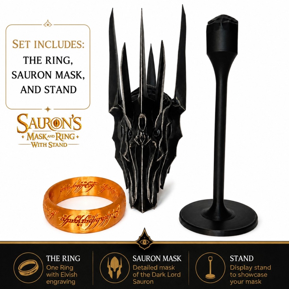 Sauron The Dark Lord Mask & Ring with Stand (3D printed 9 inches tall replica)
