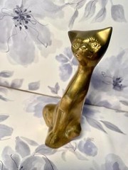 Solid Brass Vintage Mid-Century Sitting Cats Figurine Male & Female Brass Cats