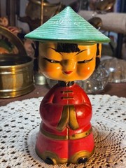 Vintage 1950s Japan Ceramic Asain Girl Bobblehead Nodder Rhinestone Eyes&Earring