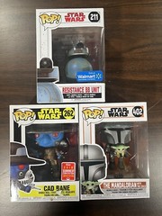 (3)READ Funko Pop Star Wars Lot-Cad Bane 262, Mandalorian/Child 402, BB Unit 211
