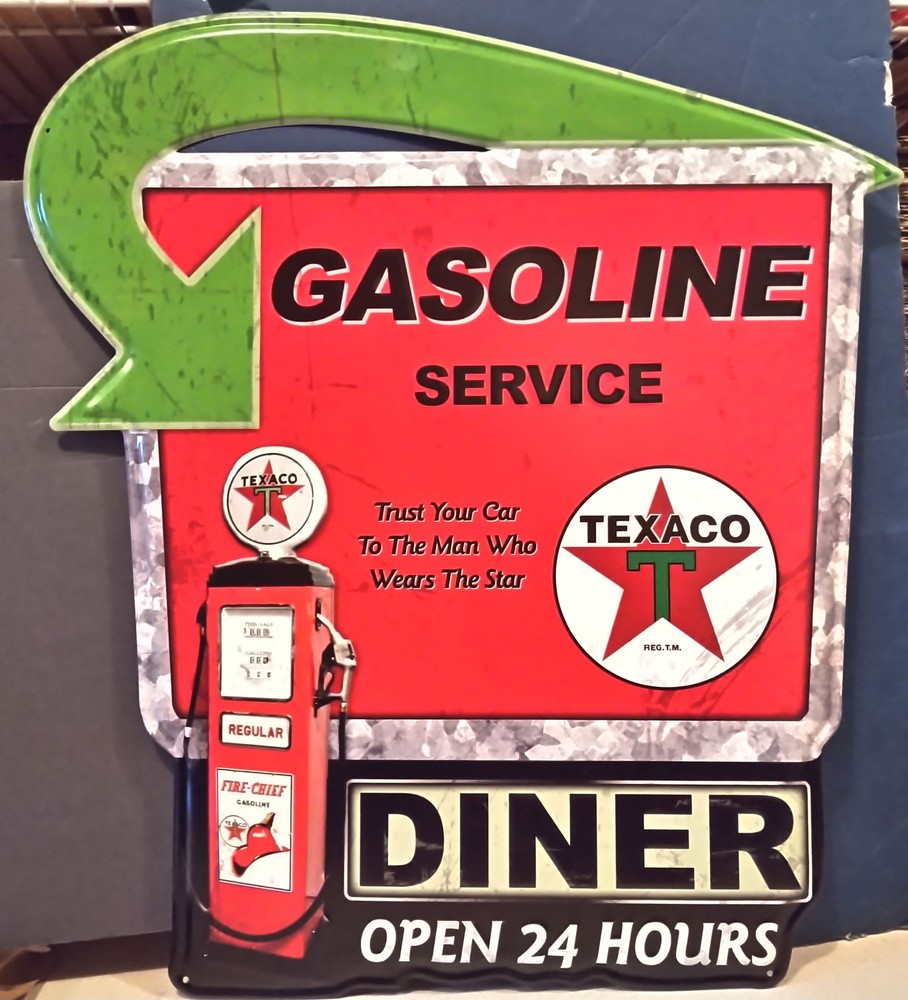 Texaco Gasoline Service Diner Open 24 Hours Die Cut Metal Sign Man Cave Garag…