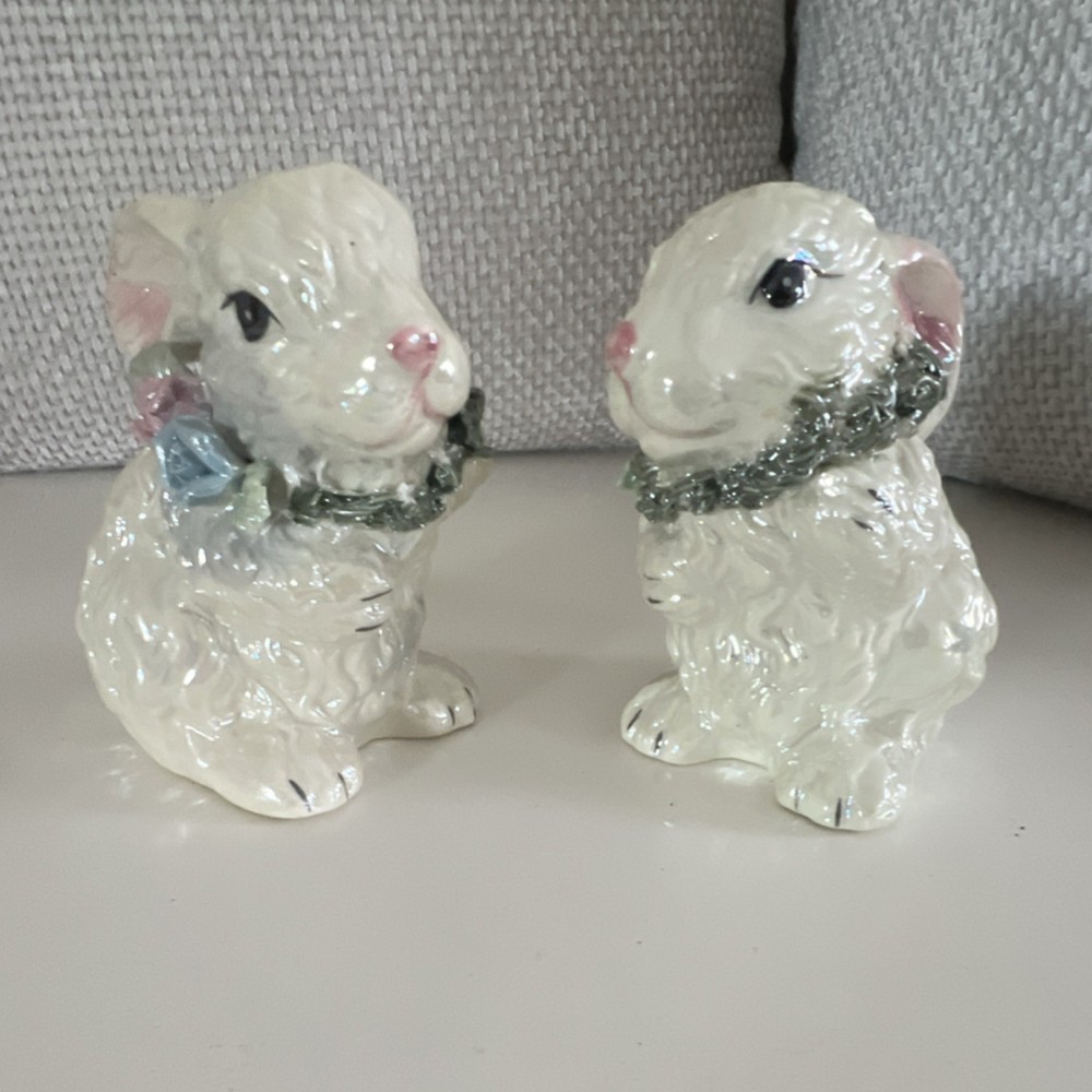 “Love Bunnies” Ceramic Rabbit Set White Floral Easter Animal Glossy
